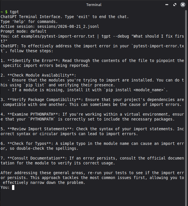 tgpt analyzing a pytest import error from piped input