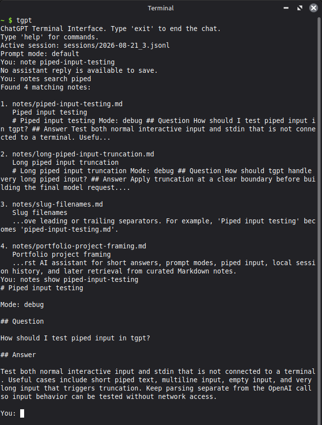 tgpt searching and displaying saved Markdown notes